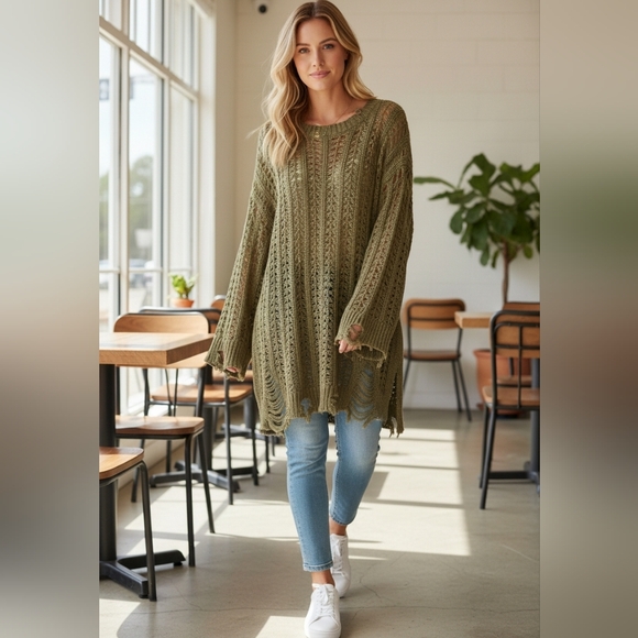 Kye Mi Women's Olive Green Distressed Knit Tunic Sweater Size Large - Picture 2 of 13